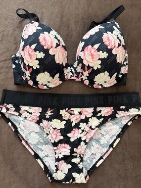 PINK Victoria's Secret Black Floral Bra & Bikini Set with Pink Lining